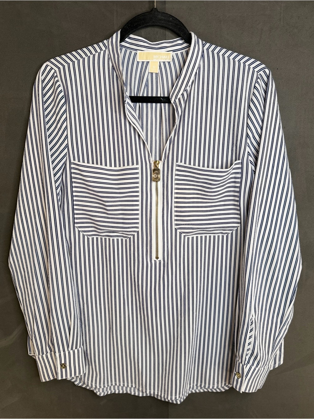 Michael Kors Blouse Women's Size Medium Navy & White Striped Gold MK Zipper